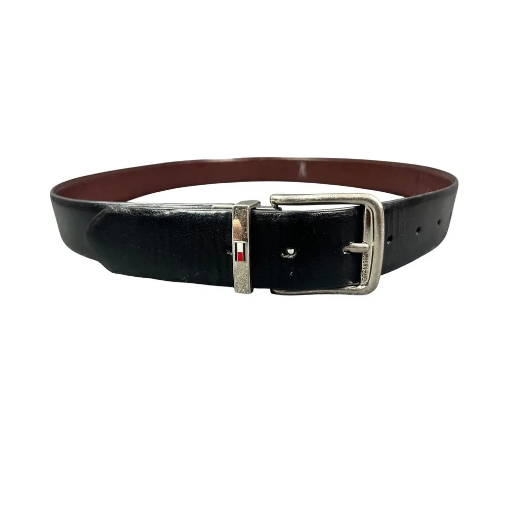 Tommy Hilfiger Mens Reversible Belt Black Brown Silver Buckle DMAB Size M 34-36